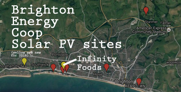 Brighton Energy Coop's solar PV sites - yellow markers are new for 2016. Click for details.