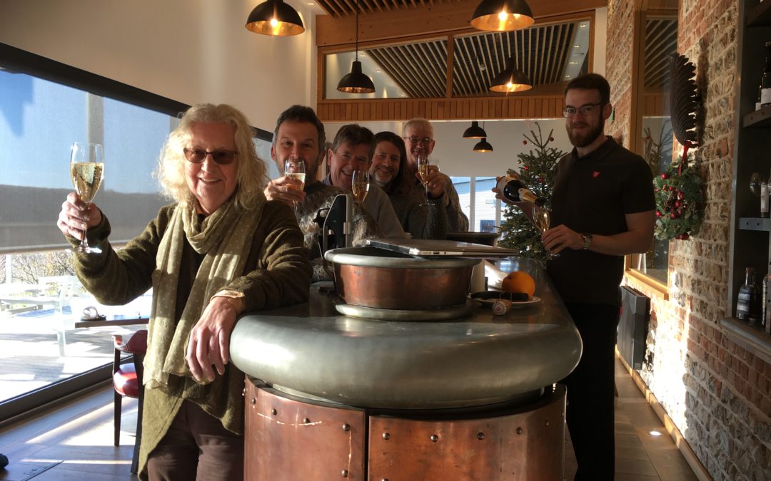 Sue Paskins (BEC Non-exec), Matt Brown (BEC New Project Developer), David Owers (BEC Assoc. Project Manager), Will Cottrell (BEC Chair) & Peter Davies (BEC Non-exec) raise a toast with a glass of Rathfinny Brut Cuvee